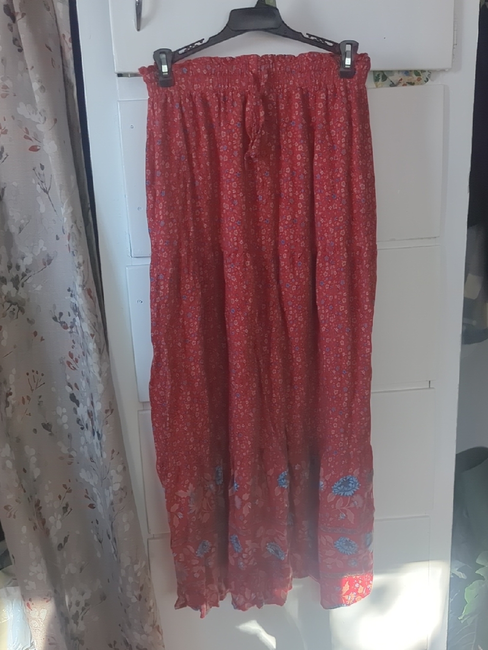 Boho Red Floral Tiered Maxi Skirt